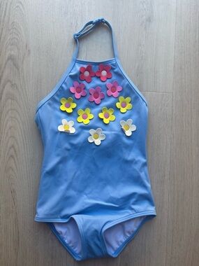 Mini Boden Blue Girls One-Piece Swimsuit with Pink Yellow White Flower Appliques